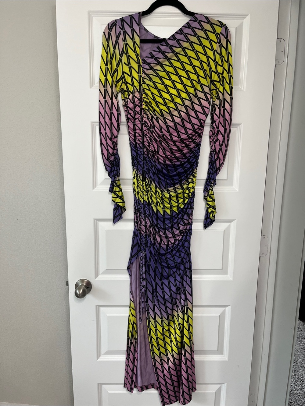 Nocturne Abstract Ruched Long-Sleeve Maxi Dress in Yellow, Purple & Pink